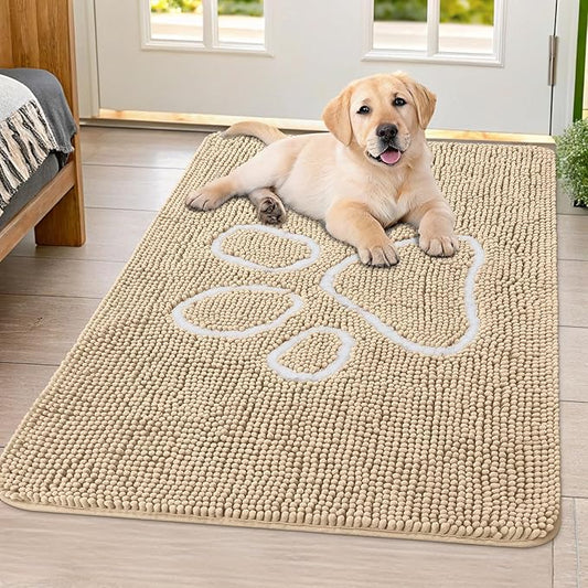 Smiry Dog Door Mat for Muddy Paws, Absorbent Dirt Trapper Non Slip Quick Dry Washable Chenille Mat for Mud Dogs, Entry Rug for Indoor and Outdoor (40x32 Inches, Beige and White)