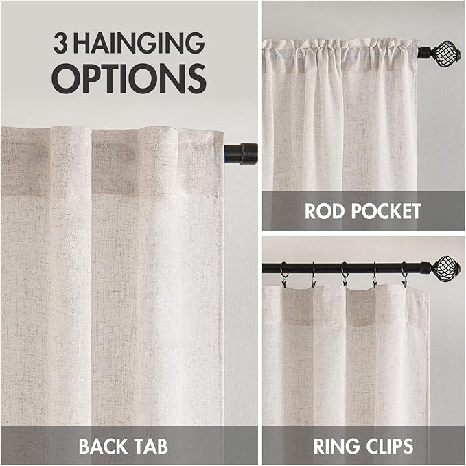 MIULEE White Linen Curtains 54 Inch Length 2 Panels for Bedroom Living Room, Soft Thick Linen Textured Natural Short Window Drapes Semi Sheer Light Filtering Back Tab Rod Pocket Burlap Look Decor
