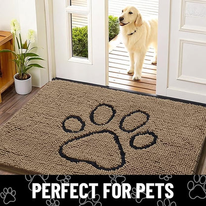 Smiry Dog Door Mat for Muddy Paws, Absorbent Dirt Trapper Non Slip Quick Dry Washable Chenille Mat for Mud Dogs, Entry Rug for Indoor and Outdoor (47x24 Inches, Camel and Black)
