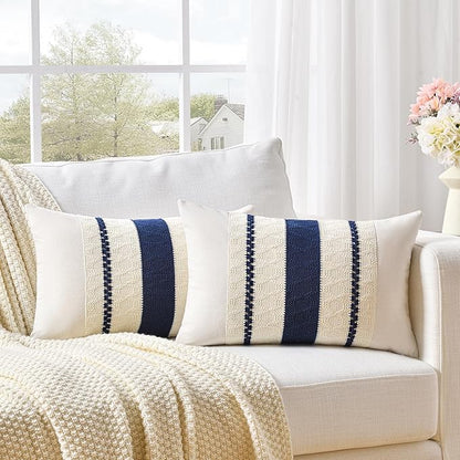 Fancy Homi Set of 1 Navy Blue Lumbar Decorative Throw Pillow Covers 12x24 Inch for Couch Bed Sofa Living Room, Aesthetic Modern Organic Farmhouse Home Decor, Soft Cotton Woven Textured Cushion Case