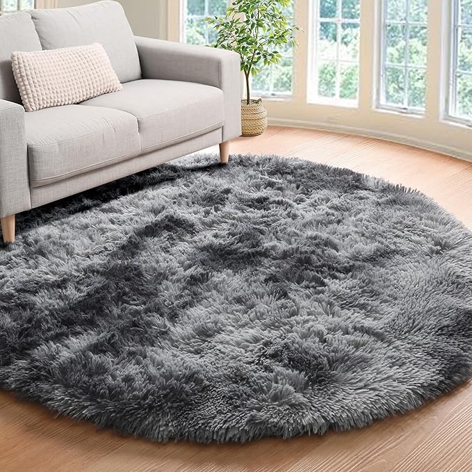 ONASAR Round Rugs 6ft for Living Room Bedroom, Tie-Dyed Dark Grey Fluffy Circle Area Rug for Kids Girls Boys Teen, Soft Plush Shaggy Carpet for Nursery Dorm Classroom Playroom Home Decor Aesthetic