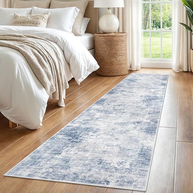 IOHOUZE Abstract Runner Rug 2x8 Ft Washable Runners for Hallways, Non Slip Kitchen Runner Printed Faux Wool Entryway Runner Indoor, Modern Floor Carpet for Hall Kitchen Bedroom, Light Blue Grey