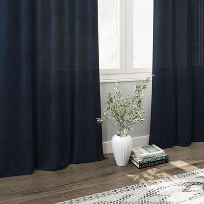 Navy Blue Linen Blend Drapes 84 Inch Length 2 Panels Set Back Tab Rod Pocket Light Filtering Semi Sheer Textured Indigo Blue Curtains Boho Farmhouse Decor Curtains for Living Room Bedroom 40x84
