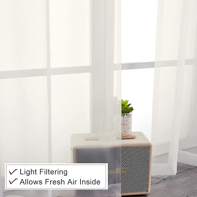 Lecloud Short Sheer Curtains 54 Inches Length 2 Panels, Light Filtering Voile Curtain Drapes for Half Window Kitchen Bedroom, Basic Rod Pocket Living Room Sheer Curtains, 40Wx54L Inches, Ivory