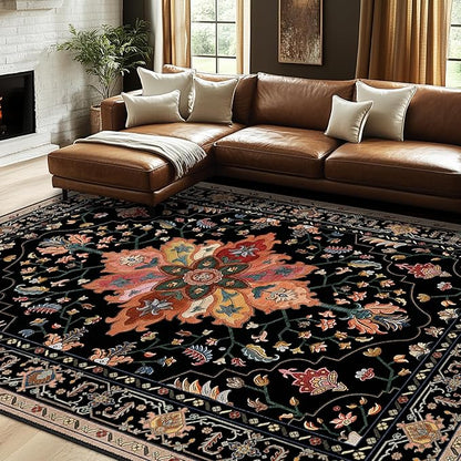 Area Rugs 7'x10' Washable Non-Slip, Floral Vintage Distress Print Pattern Medallion Carpet for Living Room Bedroom Dining Room, Black Colorful Floral Dark Tan