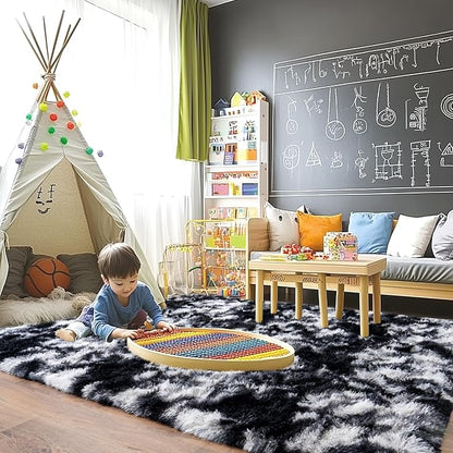 Pionblank Large Area Rug for Living Room 10x14, Fuzzy Modern Shag Rug, Fluffy Plush Non Slip Soft Furry Carpet for Bedroom Kids Room Nursery Teens Dorm Home Decor, Black White
