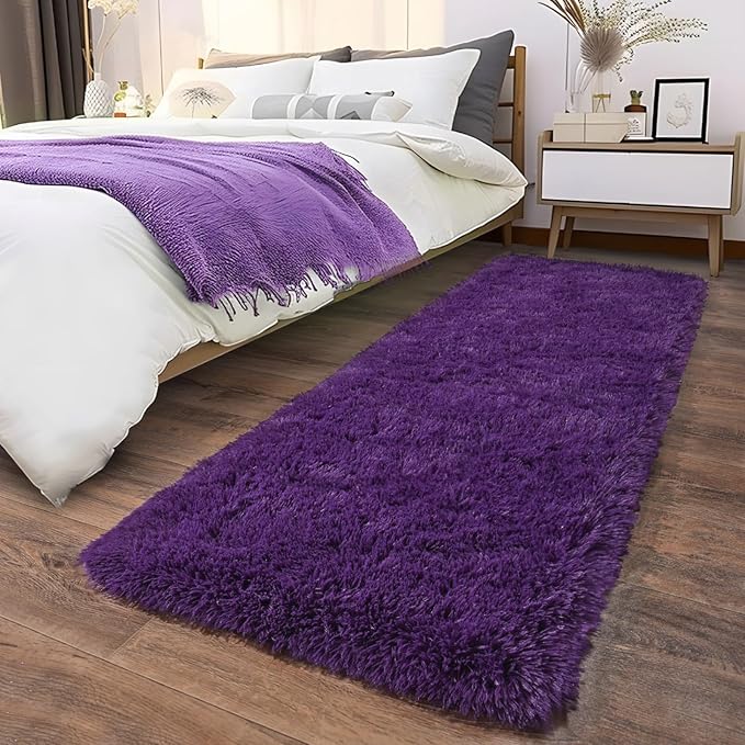 Soft Runner Rugs for Bedroom Hallways, 2x6 Purple Fluffy Shag Throw Area Rug Non Slip for Bedside Dorm, Long Shaggy Furry Carpet for Nursery Living Room