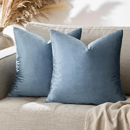 GIGIZAZA Stone Blue Velvet Decorative Throw Pillow Covers 18x18 for Sofa Living Room Soft Couch Pillow Cover Pack of 2