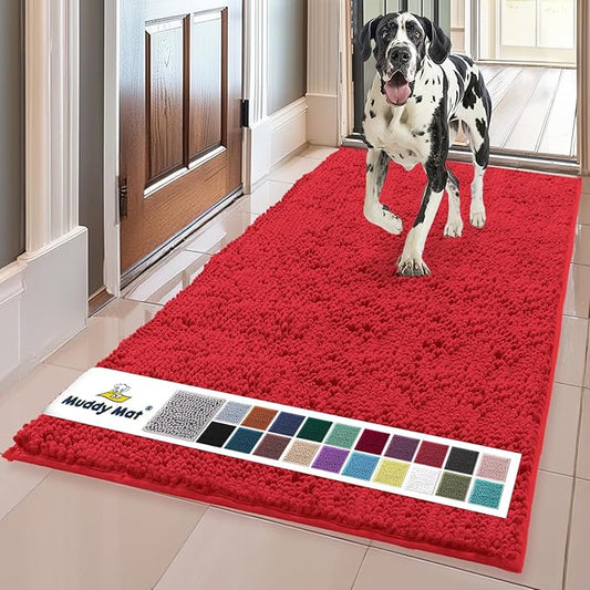 Muddy Mat® | Super Absorbent Door Mat Indoor, Microfiber Quick Dry Chenille Entryway Rug, Non-Slip Front Door Mat, Indoor Mats for Entryway, Machine Washable Pet Rug, Red 36"x72"