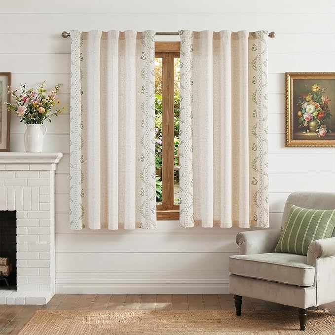jinchan Belrose Linen Floral Cafe Curtains 54 Inch Length Embroidered Farmhouse Curtains for Kitchen Bedroom Bathroom Small Windows Curtain Set Light Filtering 2 Panels Sage Green