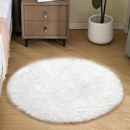 Goolela White Round Rug 3ft Fluffy Faux Sheepskin Fur Rug Small Circle Fuzzy Furry Rug for Bedroom Dorm Bedside Plush Washable Carpet