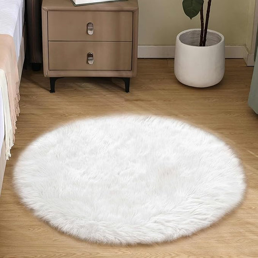 Goolela White Round Rug 3ft Fluffy Faux Sheepskin Fur Rug Small Circle Fuzzy Furry Rug for Bedroom Dorm Bedside Plush Washable Carpet