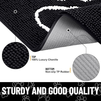 Smiry Dog Door Mat for Muddy Paws, Absorbent Dirt Trapper Non Slip Quick Dry Washable Chenille Mat for Mud Dogs, Entry Rug for Indoor and Outdoor (47x17 Inches, Black and White)