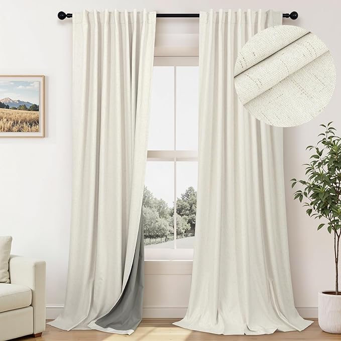 60 Inch Extra Wide Blackout Curtains 108 Inches Long for Living Room Darkening Cream Linen Textured Boho Curtains Thermal Privacy Sliding Door Drapes Ivory Large Window Burg 60x108 Length 9ft 2Panels