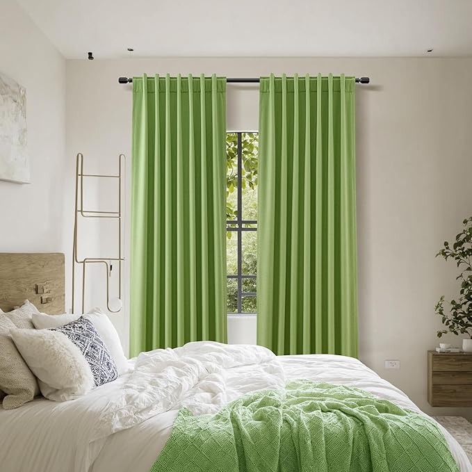 Guken Lime Green 100% Blackout Linen Curtains 108 Inch Length 2 Panels Set for Living Room Bedroom Back Tab/Rod Pocket Thermal Insulated Farmhouse Black Out Drapes Room Darkening,52x108