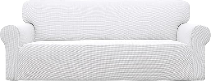Easy-Going Stretch Sofa Slipcover 1-Piece Sofa Cover Furniture Protector Couch Soft with Elastic Bottom for Kids, Polyester Spandex Jacquard Fabric Small Checks (Sofa, Snow White)