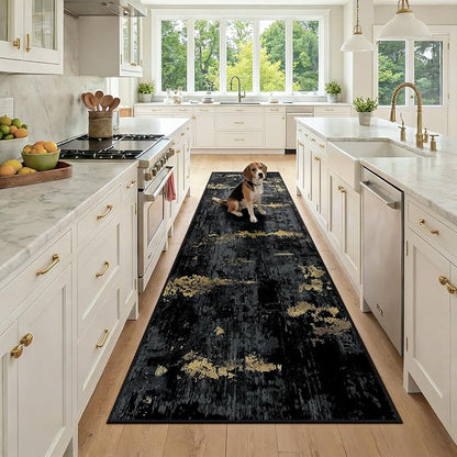 Washable Area Rugs 3x9 Non-Slip Modern Abstract Soft for Living Room Entryway Bedroom Nursery, Print Pattern, Dark Black Gold