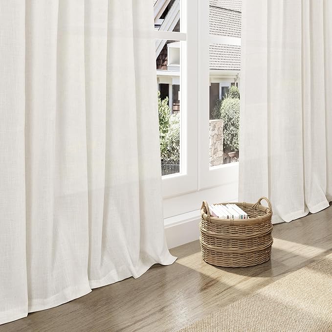 Beige White Linen Curtains 80 Inch Long for Bedroom Back Tab, Filters Light Privacy Transparent Curtains Modern Farmhouse Coastal Decor for Sliding Glass Doors 2 Panels 52x80