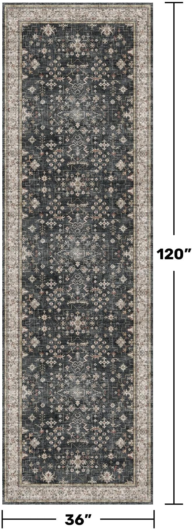 Hazo Haus Black Boho Washable 3x10 Extra Long Hallway Runner Rug, Waterproof Large Kitchen Floor Rug Indoor, Non-Slip Stain & Fade Resistant, Vintage Floral Decor