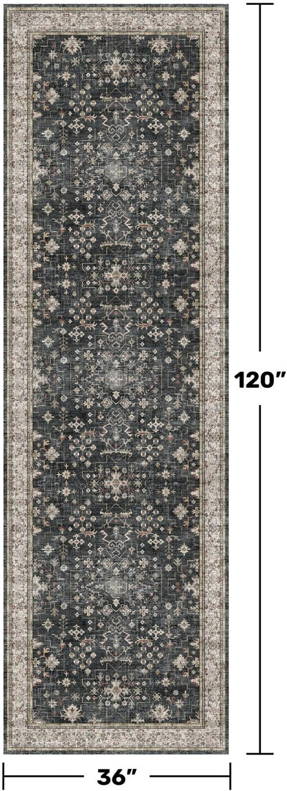 Hazo Haus Black Boho Washable 3x10 Extra Long Hallway Runner Rug, Waterproof Large Kitchen Floor Rug Indoor, Non-Slip Stain & Fade Resistant, Vintage Floral Decor