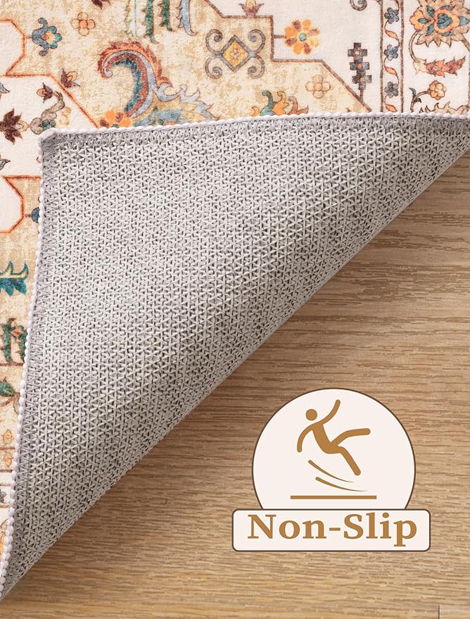 SERISSA Boho Washable Runner Rug, 2x6 Rug Runner Non-Slip Vintage Light Yellow Hallway Kitchen Runner Rug Ultra Soft Print Distressed Floor Carpet Runner for Bedroom Bathroom Laundry Living Room
