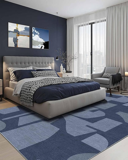 Latte&Fog 8x10 Area Rugs for Living Room, Large Modern Abstract Washable Rug, Boho Non Slip Low Pile Carpet for Indoor Bedroom Dining Room, Office, Dorm, Classroom, Farmhouse and Kids Room - Navy Blue