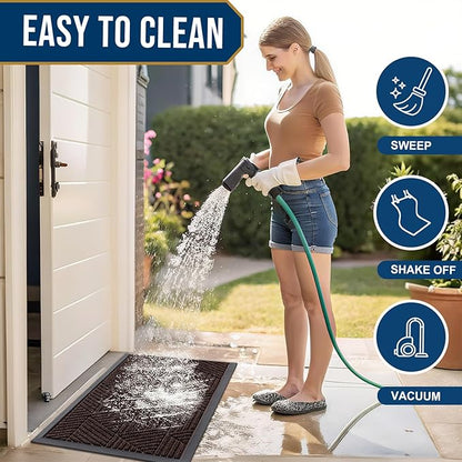 Smiry Front Door Mat Outside Entrance, Heavy Duty Sturdy Natural Rubber Doormat, Trap Dirt and Moisture, Easy Clean Low Profile Mats for Indoor Outdoor Entry, Irregular Triangle (29.5x17, Deep Brown)