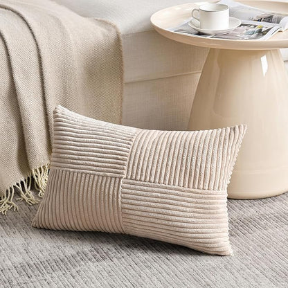 Fancy Homi 2 Packs Tan Lumbar Decorative Throw Pillow Covers 16x26 Inch for Living Room Couch Bed Sofa, Farmhouse Boho Home Decor, Soft Striped Corduroy Rectangle Accent Cushion Case 65x40 cm