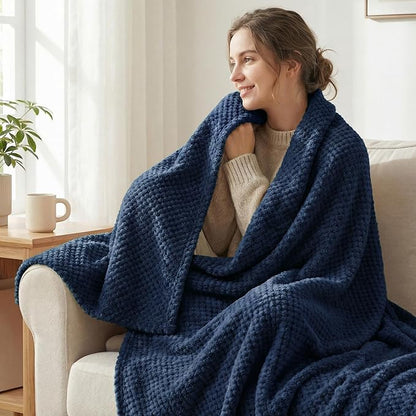 Exclusivo Mezcla Fleece Bed Blanket Queen Size, Super Soft and Warm Blankets for Couch, Sofa and Bed Waffle Textured, Cozy, Fuzzy and Lightweight (Navy Blue, 90x90 Inches)