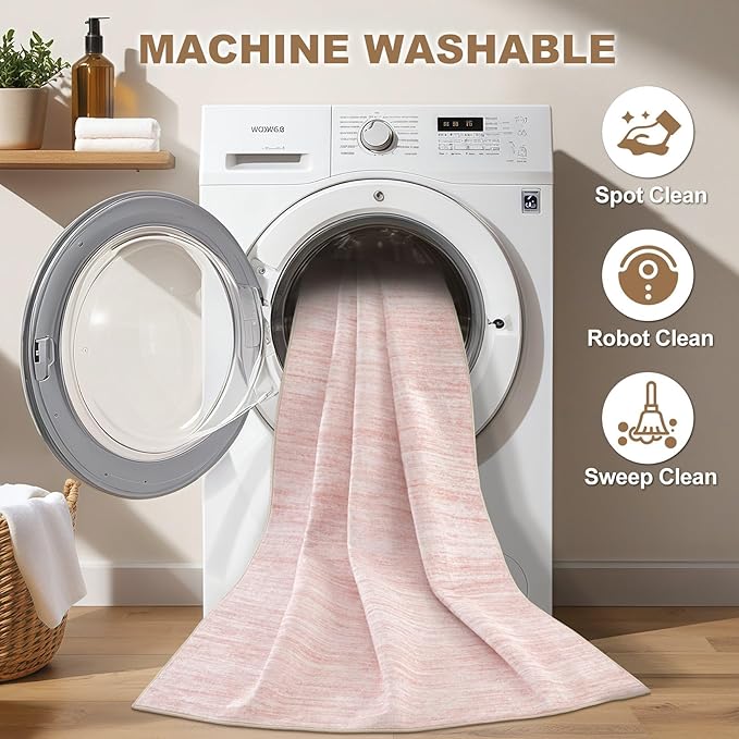 Nakagishi 10x14 Area Rugs Living Room: Washable Large Vintage Rug Neutral Non-Slip Soft Stain Resistant Indoor Carpet for Bedroom Nursery Dining Room Office Playroom - Pink-01
