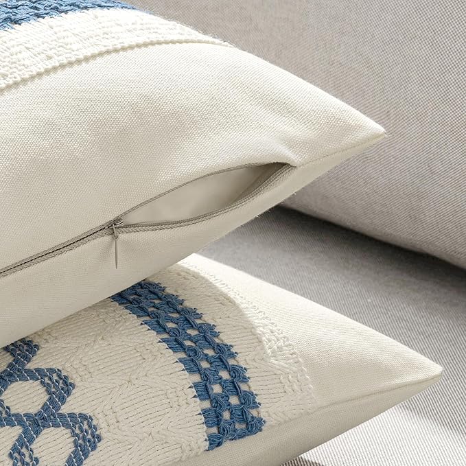MIULEE Set of 2 Coastal Blue Boho Decorative Pillow Covers 18x18 Inch Farmhouse Rustic Couch Throw Pillows Modern Summer Cotton Cushion Covers Retro Cute Macrame Woven Spring Decor for Bed Sofa Chair