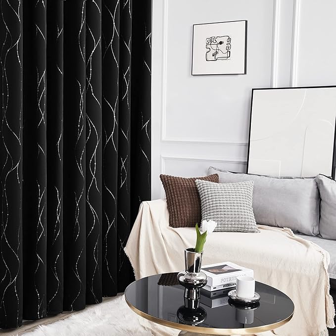 Deconovo Blackout Curtains 84 Inches Long, Black Drapes for Living Room with Wave Dots Silver Print, Soundproof Thermal Insulated Privacy Window Curtain for Bedroom Nursery, Set of 2, Machine Washable
