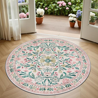 Round Area Rug for Living Room: 4 ft Floral Washable Circle Rug Soft Boho Non-Slip Carpet Indoor Stain Resistant Low Pile Small Circular Rug for Bedroom Entryway Kitchen Nursery Home Office Pink Green