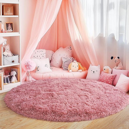 4'x4' Blush Round Rugs for Girls Bedroom, Ultra Soft Fluffy Circle Rug for Kids Room, Cute Shag Rugs for Living Room Playroom Tent Castle Home Decor Rug