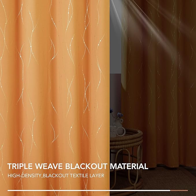 Deconovo Grommet Blackout Curtains for Home Decoration, 54 Inch Long, Set of 2 - Window Curtain Panels, Wave Line and Dots Pattern (52 x 54 Inch, Orange Flame, Set of 2)