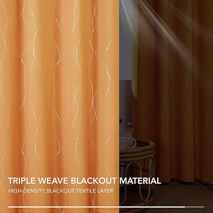 Deconovo Grommet Blackout Curtains for Home Decoration, 54 Inch Long, Set of 2 - Window Curtain Panels, Wave Line and Dots Pattern (52 x 54 Inch, Orange Flame, Set of 2)