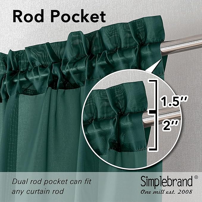 Simplebrand Hunter Green Sheer Curtains 63 Inch Length 2 Panels, Rod Pocket Solid Color Window Sheer Curtain Panels, Elegant Curtains & Drapes for Living Room, Bedroom (Hunter Green, 42" W x 63" L)