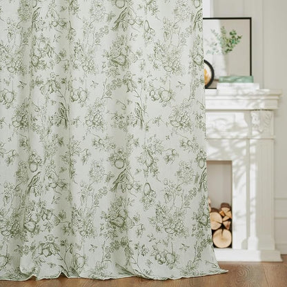 jinchan Linen Floral Curtains for Living Room 63 Inch Long Sage Green Printed Flower French Country Curtain Farmhouse Cottage Core Toile Curtains Back Tab Light Filtering Window Drapes Set 2 Panels