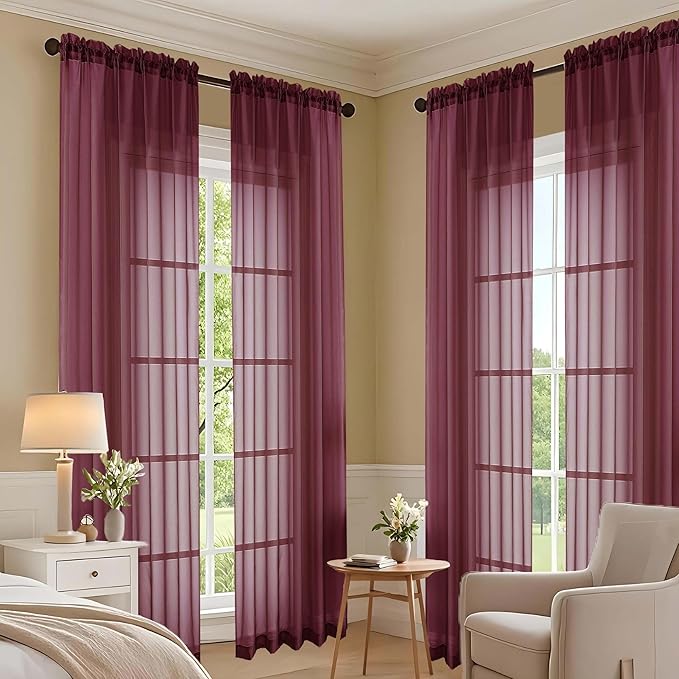OVZME Burgundy Sheer Curtains 120 Inches Long 2 Panels Set, 59 Inch Extra Wide Soft Airy Lightweight Sheer Curtains for Living Room, Farmhouse Voile Filmy Rod Pocket Drapes, 59Wx120L Inches