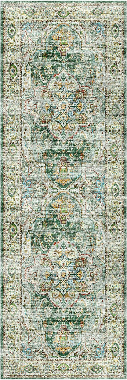 Madane Runner Rug 2'6''x8' Kitchen Runner, Hallway Runner Printed Vintage Washable Rugs Soft Non-Slip Low Pile Runners for Hallways Laundry Room Rug Distressed Rug, Green