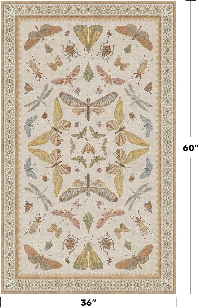 Hazo Haus 3x5 Washable Non-Slip Bathroom Rug, Colorful Insect Rug for Kids Room - Ultra Soft Low Pile Cottagecore Butterfly & Beetle Pattern for Nature-Inspired Home Décor