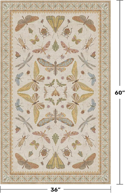 Hazo Haus 3x5 Washable Non-Slip Bathroom Rug, Colorful Insect Rug for Kids Room - Ultra Soft Low Pile Cottagecore Butterfly & Beetle Pattern for Nature-Inspired Home Décor