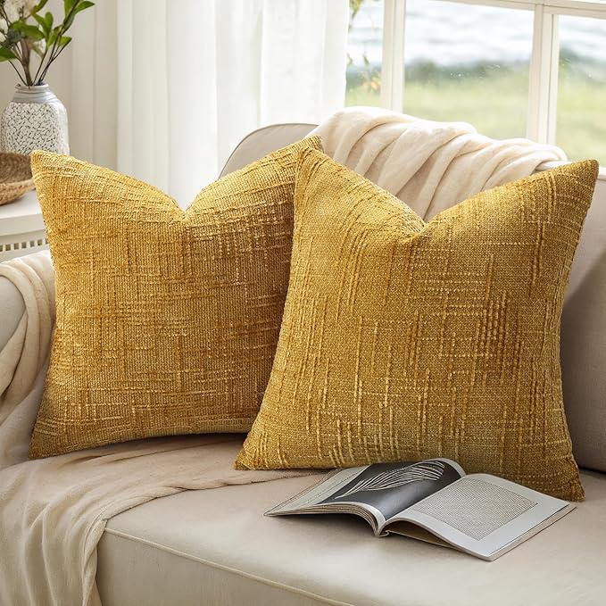decorUhome Summer Mustard Yellow Chenille Throw Pillow Covers 20x20 Set of 2 Textured Soft Cozy Slubby Couch Pillow Covers Modern Farmhouse Boho Decorative Pillow Cases for Bed Sofa Living Room