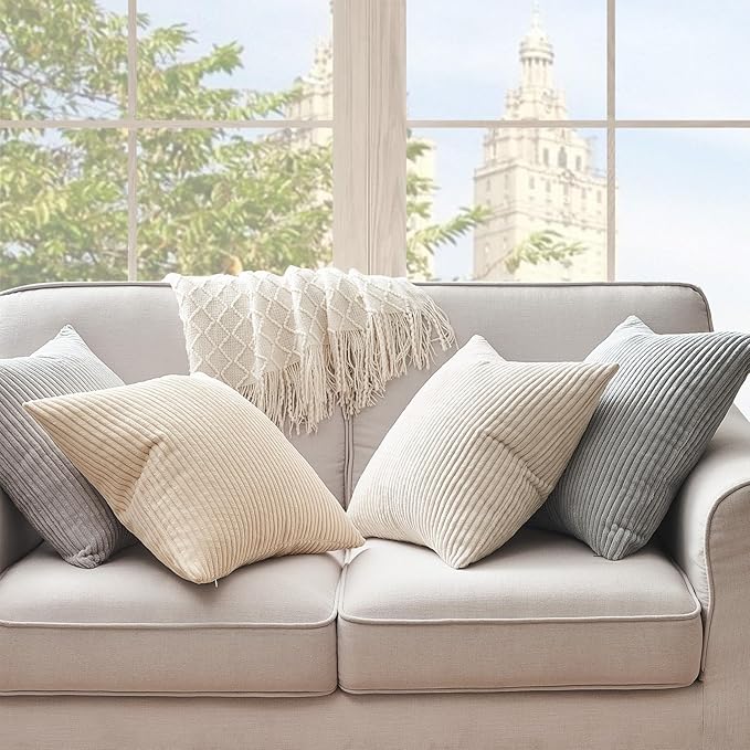 Topfinel 4 Packs Neutral Decorative Throw Pillows Covers 20x20 Inch for Living Room Couch Bed Sofa, Rustic Farmhouse Boho Neutral Home Decor, Soft Plush Striped Corduroy Square Cushion Case 50x50 cm