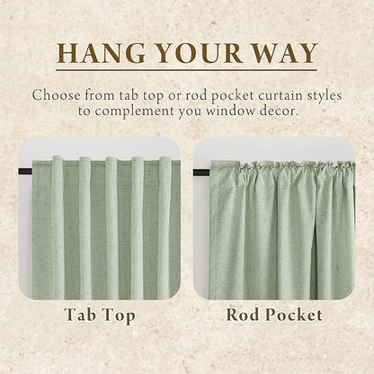 RYB HOME 100% Blackout Sage Green Linen Curtains, Light & Heat Blocking Thermal Privacy Protection Neutral Window Drapes for Living Room Bedroom, 52" W x 96" L, 2 Panels Set