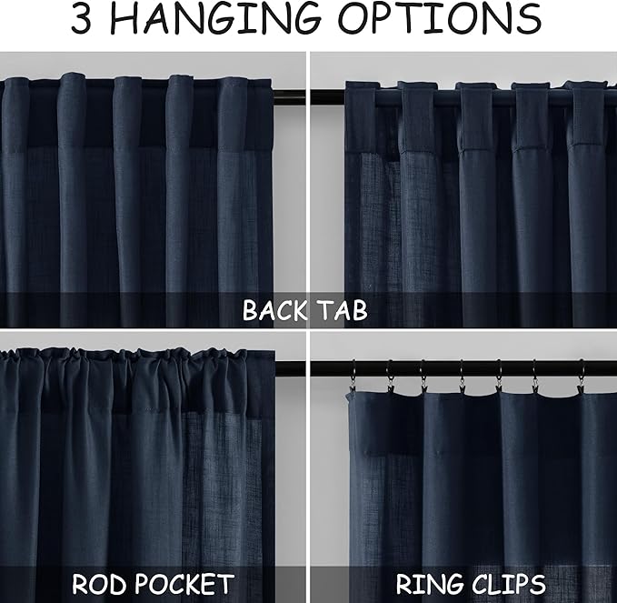 Navy Blue Linen Sheer Curtains 108 Inches Long Back Tab Rod Pocket 2 Panels Semi Sheer Extra Long Curtains Light Filtering Modern Boho Drapes for Living Room Luxury Floor Length Curtain 9Ft 40x108