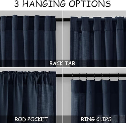 Nanspring Navy Blue Curtains 80 Inches Length for Living Room Back Tab Rod Pocket Semi Sheer Linen Drapes Muted Neutral Boho Indigo Blue Linen Textured Window Curtain for Dining Room 52X80 Inch