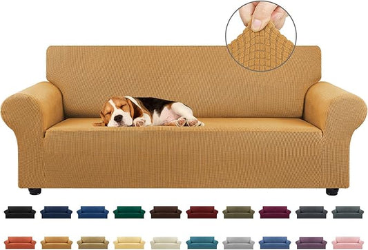 KEKUOU Stretch Sofa Cover Slipcover ，Couch Covers for 3 Cushion Couch Sofa pet Friendly (78"-94") Furniture Protector Sofa with Elastic Bottom for Kids,Dog, Jacquard Small Checked(Large,Golden)