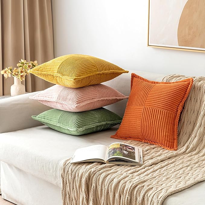 MIULEE Orange Decorative Throw Pillow Covers for Couch Bed Livingroom 18x18 Inch Set of 2 Boho Accent Throw Pllows Broadside Striped Patchwork Soft Corduroy Pillowcases