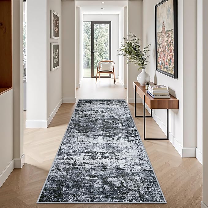 2.6'x8' Runner Rug Washable Rug;Modern Abstract Soft Thin Runner Rug Black
